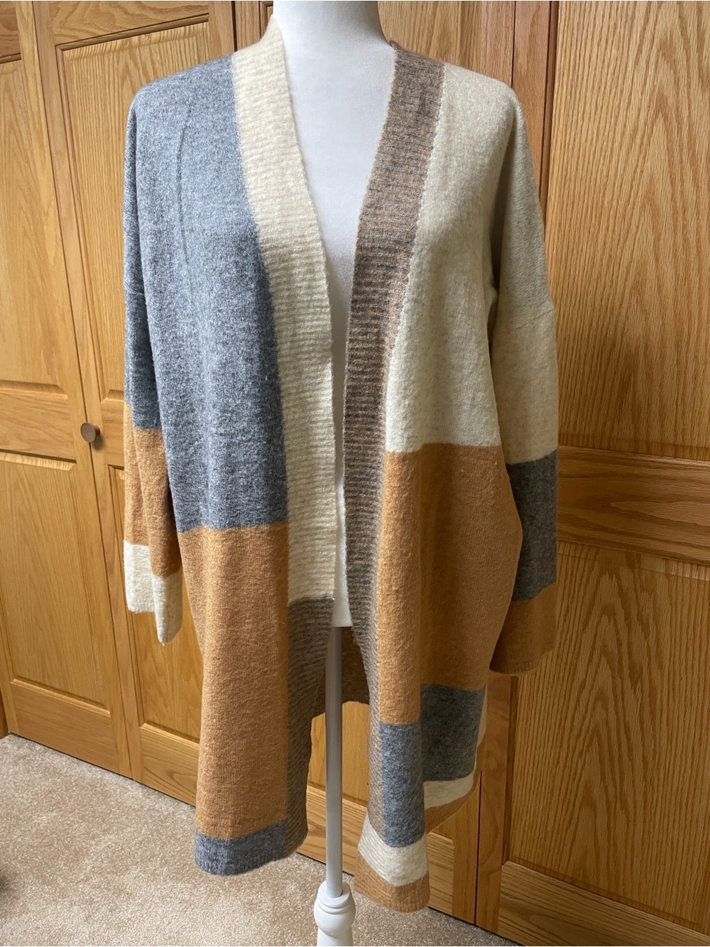 BKE Colorblock Open Cardigan - Gray, Cream & Tan - Size XS